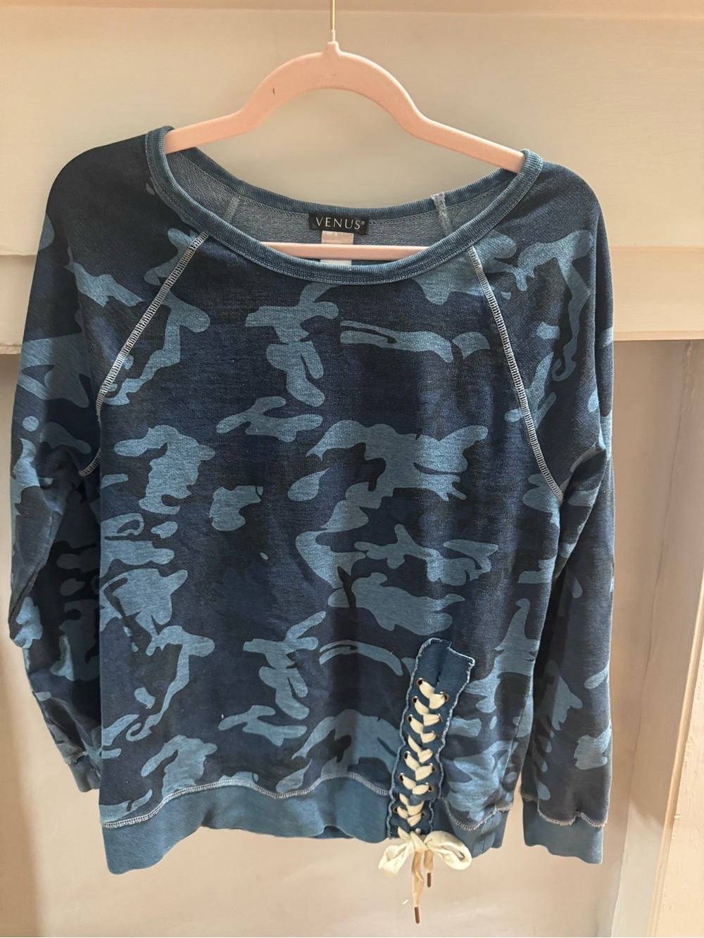 VENUS Blue Camo Lace-Up Hem Crewneck Sweatshirt